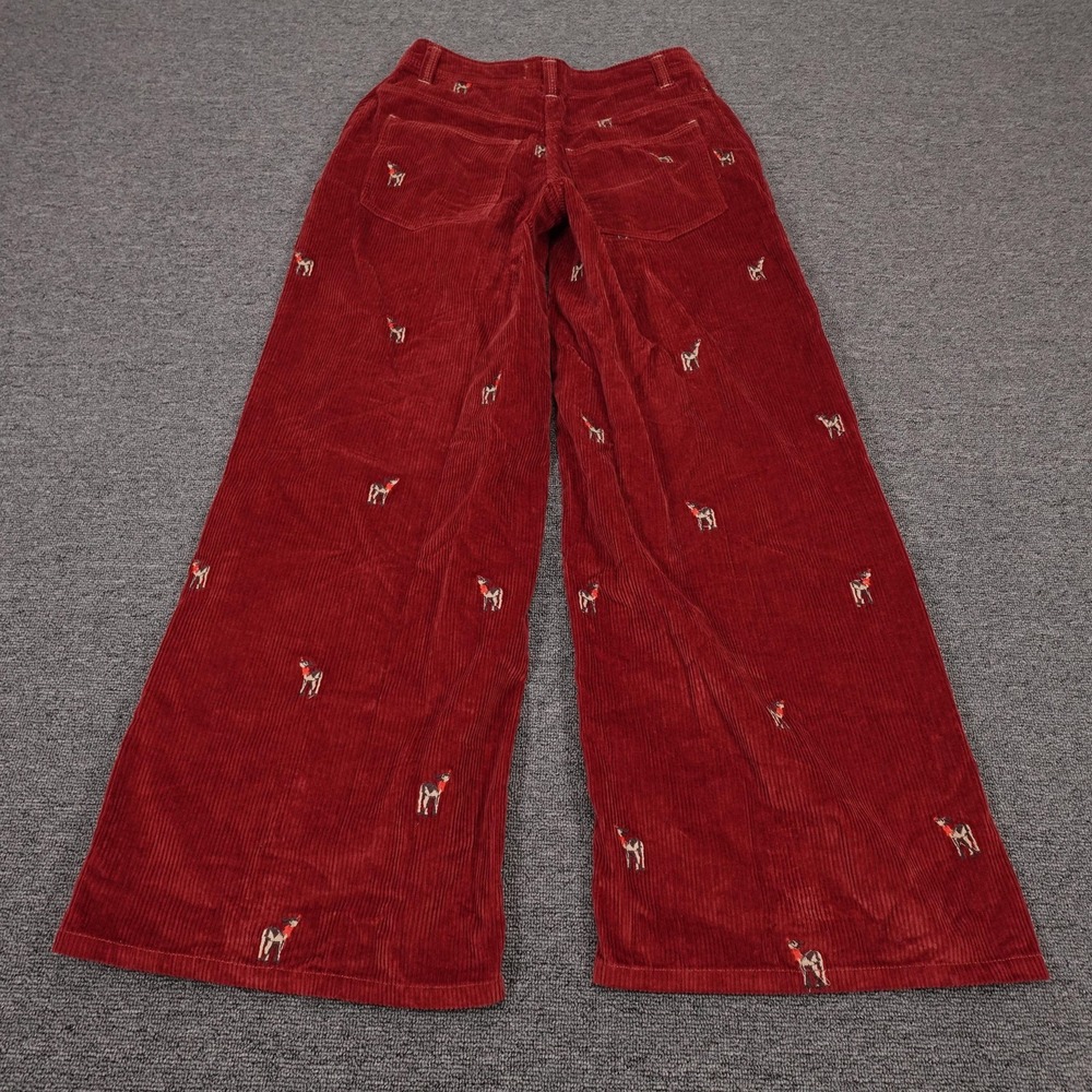 Free People Pants Womens 26 Red Corduroy Wide Leg Embroidered Deer Holiday - Picture 5 of 12